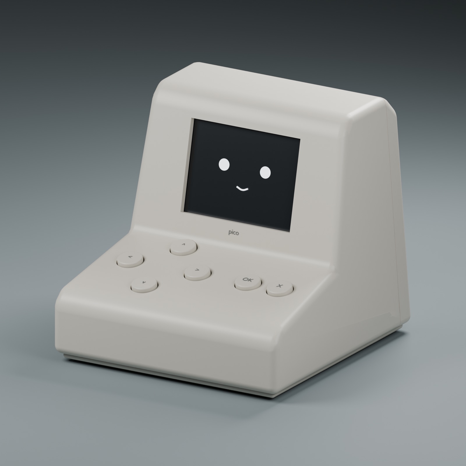 Pico v0 render: a small ivory enclosure with a screen showing a smiling face and six buttons below it