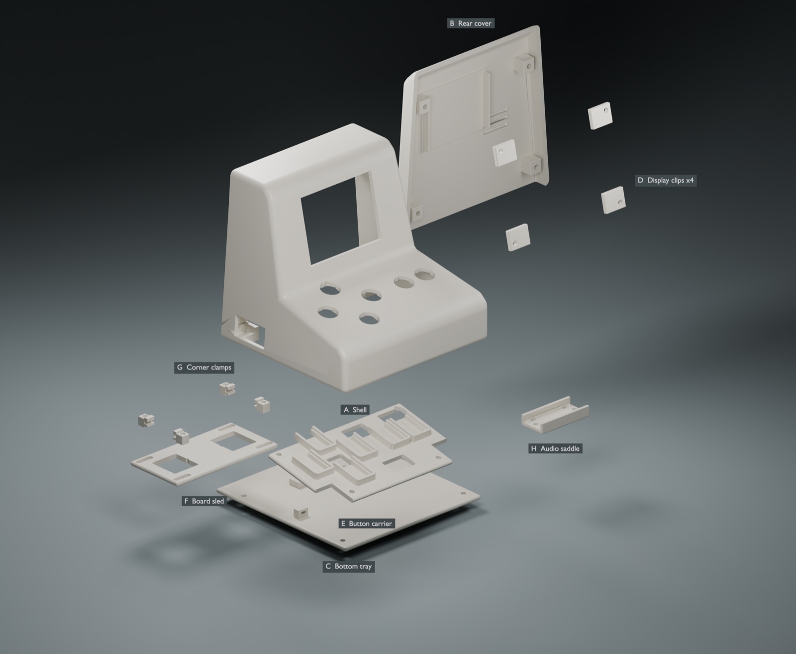 Exploded view of Pico v0 printed parts labelled A to P